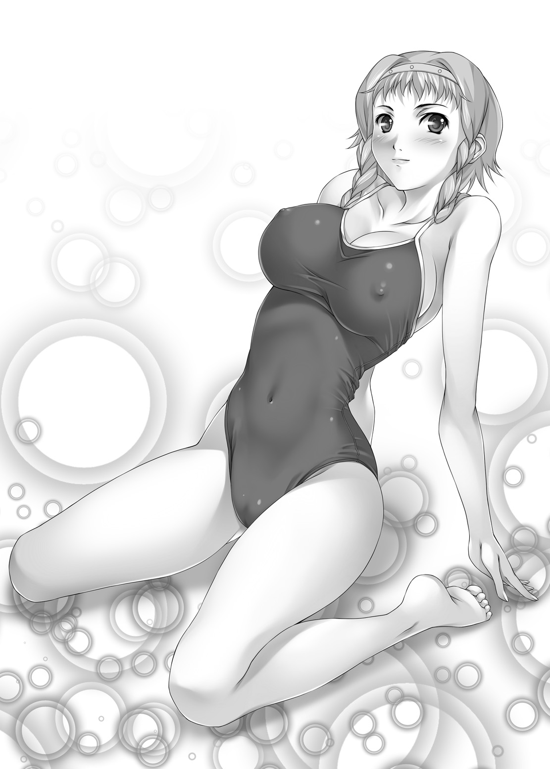 mukunokino isshiki, exiled warrior leina, leina (queen's blade), queen's blade, bad id, bad pixiv id, highres, 00s, 1girl, barefoot, blush, braid, breasts, circlet, competition school swimsuit, covered erect nipples, feet, female focus, greyscale, huge breasts, kneeling, legs, monochrome, one-piece swimsuit, plantar flexion, school swimsuit, solo, swimsuit, twin braids