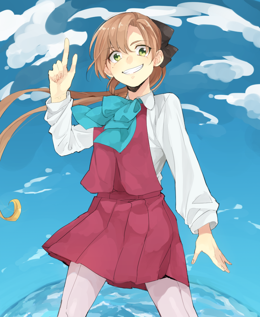 loo, akigumo (kancolle), kantai collection, 1girl, black ribbon, blue sky, brown hair, cloud, collared shirt, dress, green eyes, grey pantyhose, grin, hair between eyes, hair ribbon, index finger raised, long hair, long sleeves, looking at viewer, mole, mole under eye, nkgmnkg, pantyhose, ponytail, purple dress, ribbon, school uniform, shirt, sky, smile, solo, water, white shirt