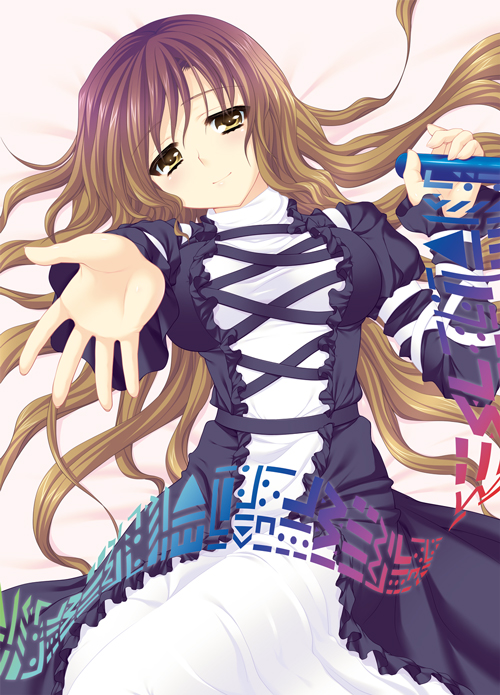 katagiri chisato, hijiri byakuren, touhou, 1girl, bed sheet, brown hair, dress, female focus, foreshortening, gradient hair, long hair, multicolored hair, scroll, smile, solo, sorcerer's sutra scroll, yellow eyes