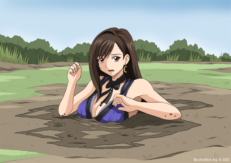 a-020, tifa lockhart, tifa lockhart (refined dress), final fantasy, 1girl, breasts, brown hair, choker, dress, ear piercing, mud, open mouth, outdoors, piercing, quicksand, red eyes, sinking, solo, stuck