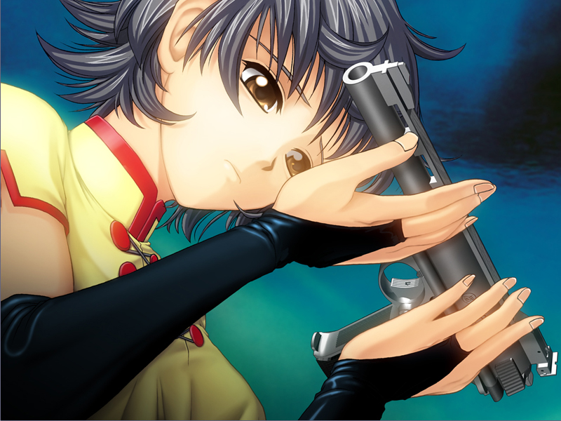 ein (phantom of inferno), phantom of inferno, game cg, tagme, 1girl, brown eyes, chinese clothes, female focus, grey hair, gun, phatnom integration, solo, weapon