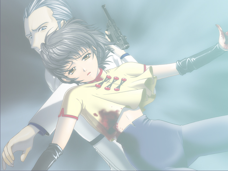 ein (phantom of inferno), phantom of inferno, game cg, tagme, 1boy, 1girl, blood, brown eyes, grey hair, gun, phatnom integration, weapon