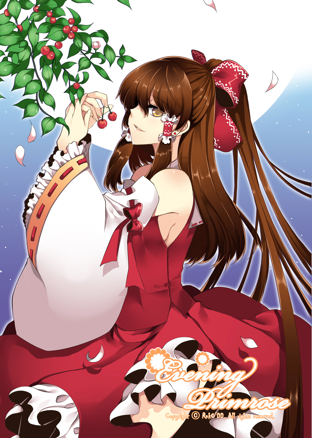 roh nam kyung, hakurei reimu, touhou, bad id, bad pixiv id, highres, 1girl, bow, brown hair, cherry, detached sleeves, female focus, food, fruit, hair bow, half updo, japanese clothes, long hair, miko, ponytail, solo, yellow eyes