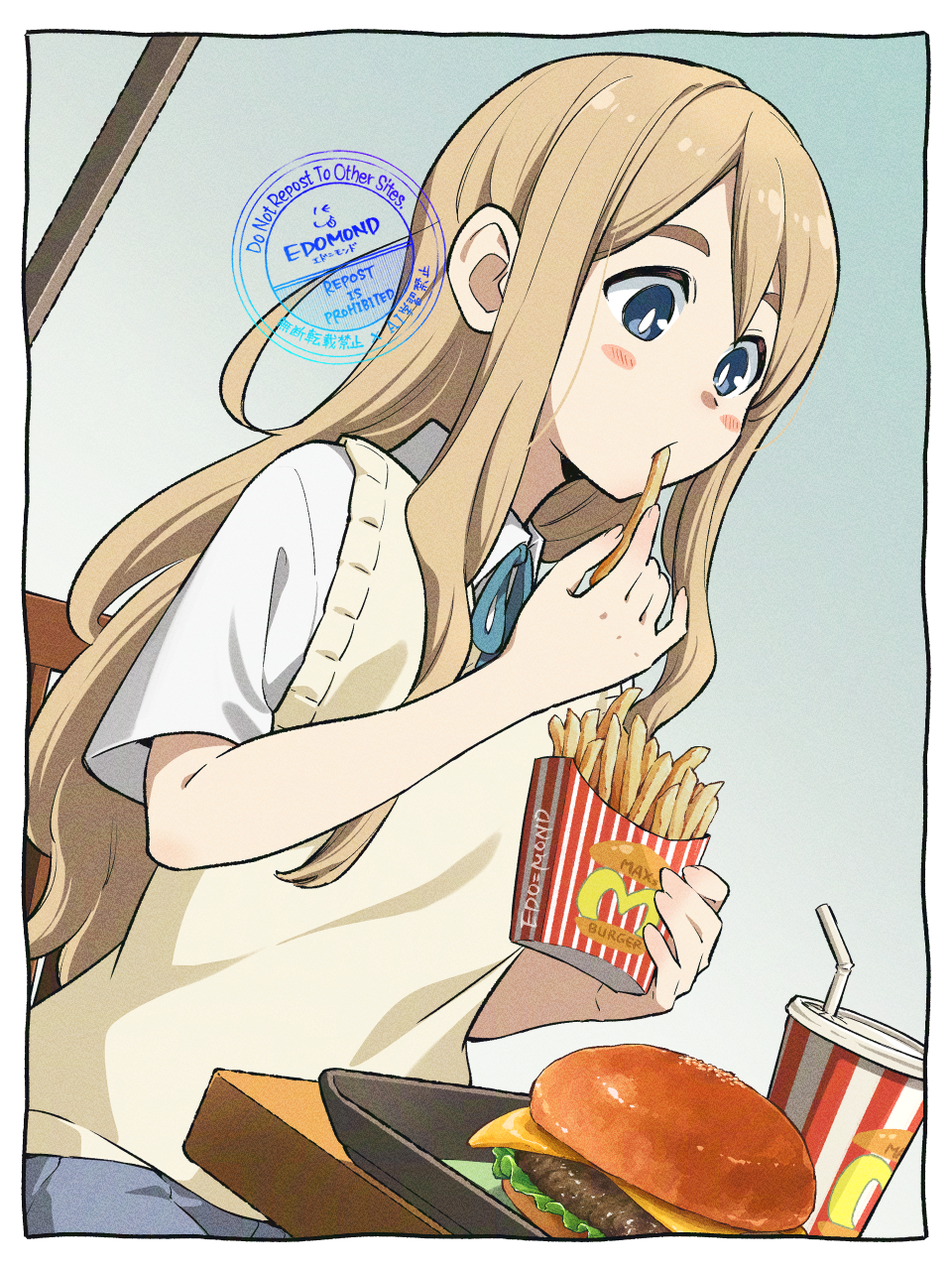 edomon-do, kotobuki tsumugi, k-on!, commentary request, highres, 1girl, blonde hair, blue eyes, blush stickers, border, burger, collared shirt, cup, disposable cup, dutch angle, eating, fast food, food, french fries, holding, holding food, long hair, looking down, neck ribbon, ribbon, school uniform, shirt, short sleeves, solo, sweater vest, tray, watermark