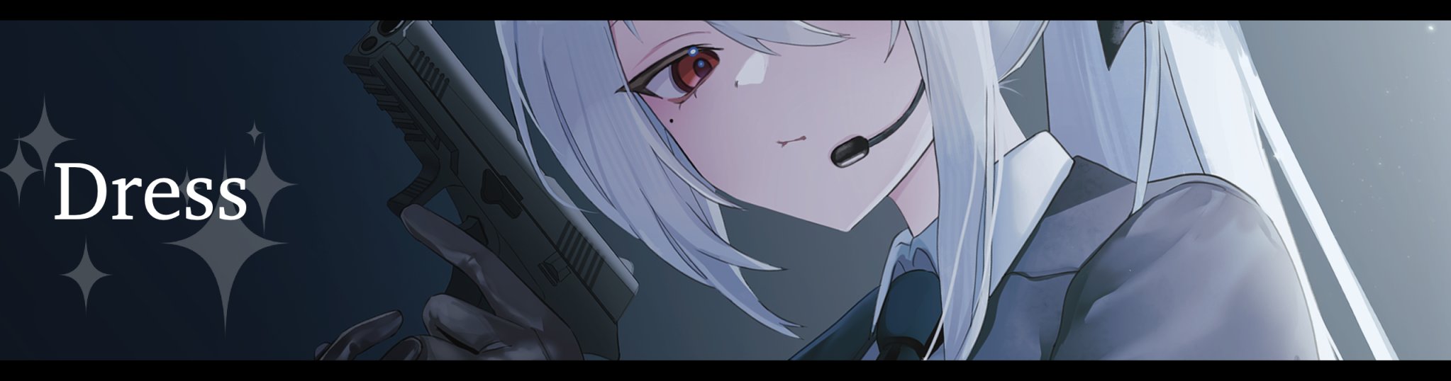 tax (zeita gundam), suzumi (blue archive), blue archive, comiket 107, commentary request, cropped, highres, 1girl, alternate costume, black gloves, black jacket, black necktie, collared shirt, earpiece, english text, gloves, gun, handgun, holding, holding gun, holding weapon, jacket, lapels, letterboxed, looking at viewer, mole, mole under eye, necktie, notched lapels, ponytail, red eyes, shirt, sidelocks, solo, sparkle, suit jacket, weapon, white hair, white shirt