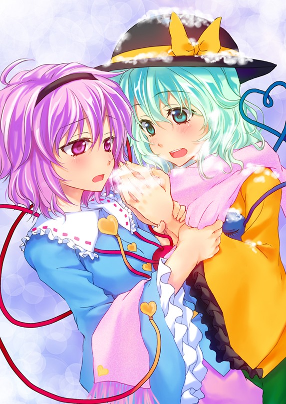 tsujigiri, komeiji koishi, komeiji satori, touhou, 2girls, female focus, green eyes, green hair, hairband, hat, heart, heart of string, multiple girls, purple eyes, purple hair, scarf, short hair, siblings, sisters, snow