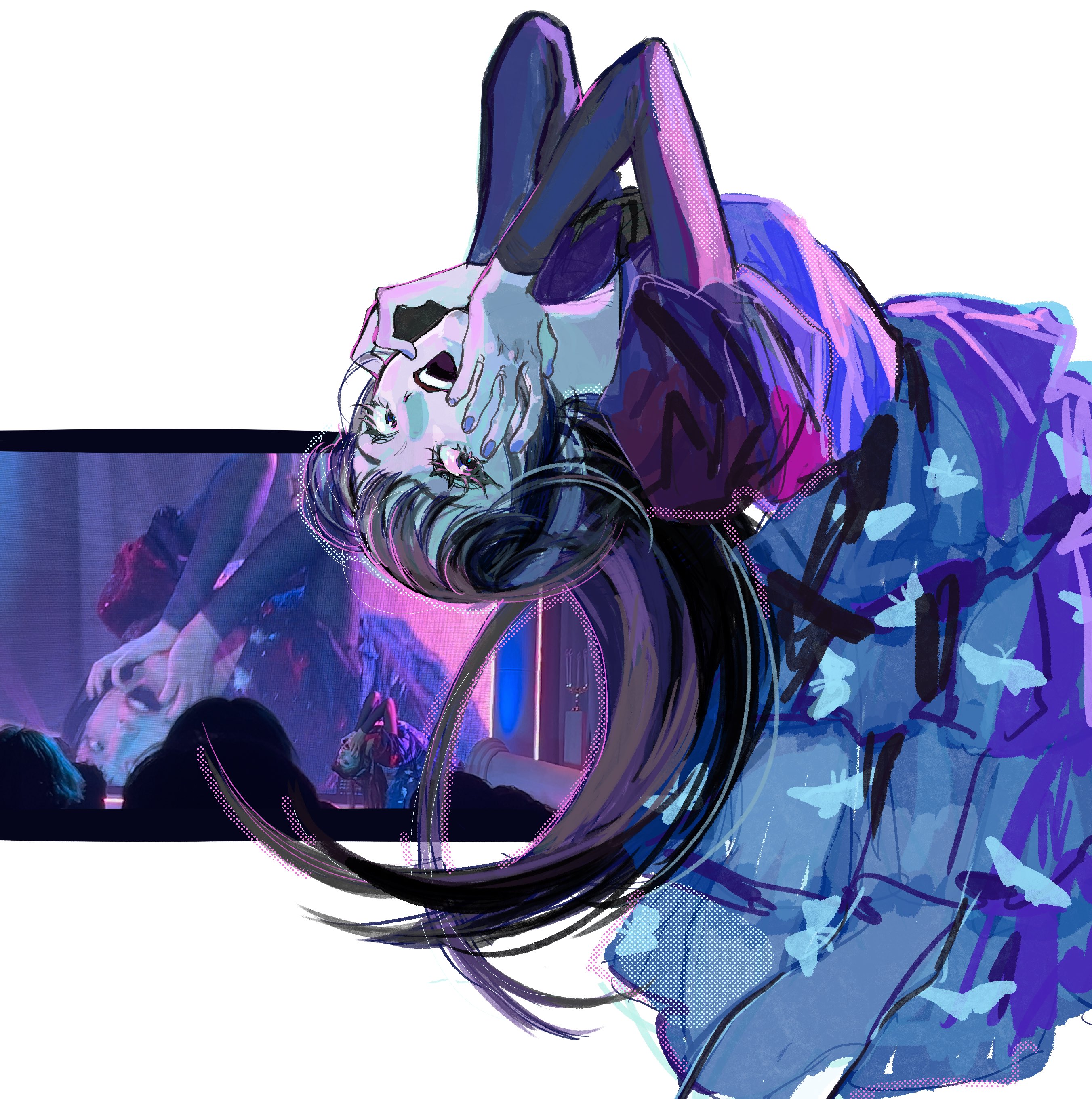 absurdres, commentary request, highres, 1girl, black hair, blue dress, blue nails, dress, hands on own face, long hair, long sleeves, looking at viewer, moka (phantom siita), nail polish, open mouth, phantom siita, pis pis haine, reference inset, simple background, solo, white background