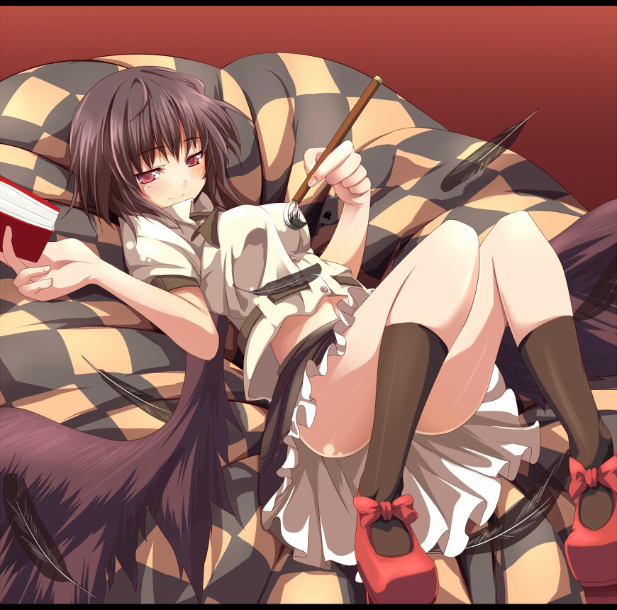 akeboshi kagayo, shameimaru aya, touhou, bad id, bad pixiv id, 1girl, bad anatomy, bad hands, bed, black hair, book, calligraphy brush, feathers, female focus, geta, looking at viewer, lying, midriff, paintbrush, poorly drawn, red eyes, smile, solo, tengu-geta, wings