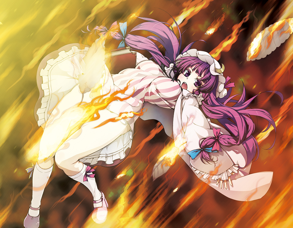 kabayaki unagi, patchouli knowledge, touhou, striped, bad id, bad pixiv id, 1girl, book, bow, breasts, censored, colored eyelashes, convenient censoring, crescent, crescent moon, eyelashes, feathers, female focus, fire, floating, hair bow, hat, high heels, large breasts, long hair, moon, multiple hair bows, outstretched arms, petticoat, purple eyes, purple hair, ribbon, shoes, socks, solo, spread arms