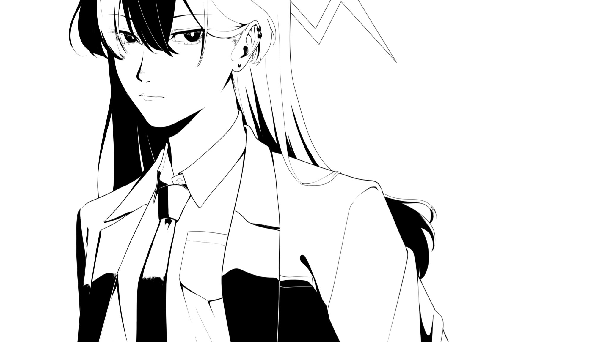 komekasuchan, kayoko (blue archive), blue archive, comiket 107, commentary request, cropped, highres, 1girl, alternate costume, bright pupils, collared shirt, colored bangs, ear piercing, floating hair, greyscale, hair between eyes, halo, jacket, lapels, long hair, looking at viewer, monochrome, multicolored hair, necktie, notched lapels, open clothes, open jacket, piercing, shirt, solo, suit jacket, two-tone hair, white background