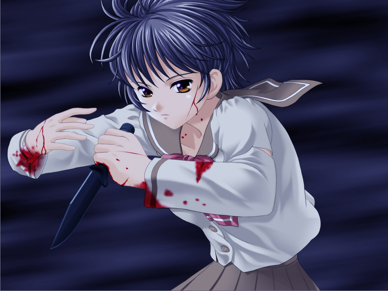 ein (phantom of inferno), phantom of inferno, game cg, tagme, 1girl, blood, brown eyes, female focus, fighting, grey hair, knife, phatnom integration, solo