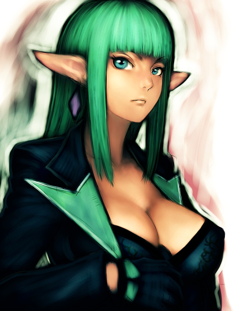 fumio (rsqkr), ursula rollan, alfa system, phantasy star, phantasy star portable, phantasy star portable 2, 1girl, aqua eyes, blunt bangs, breasts, cleavage, covered erect nipples, elf, female focus, gloves, green hair, large breasts, long hair, mole, mole under eye, no bra, pointy ears, sketch, solo, upper body