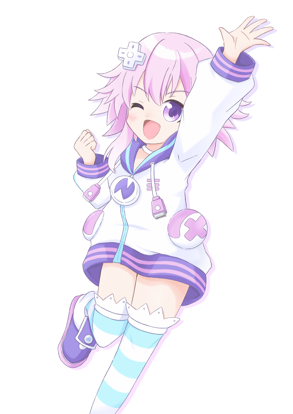 neptune (neptunia), neptune (series), commentary request, highres, 1girl, choker, d-pad, d-pad hair ornament, drawstring, emblem, hair ornament, hood, hoodie, one eye closed, open mouth, purple eyes, purple hair, short hair, sidelocks, simple background, snoopyhn, socks, solo, striped clothes, striped socks, striped thighhighs, thighhighs, usb, white background, white choker