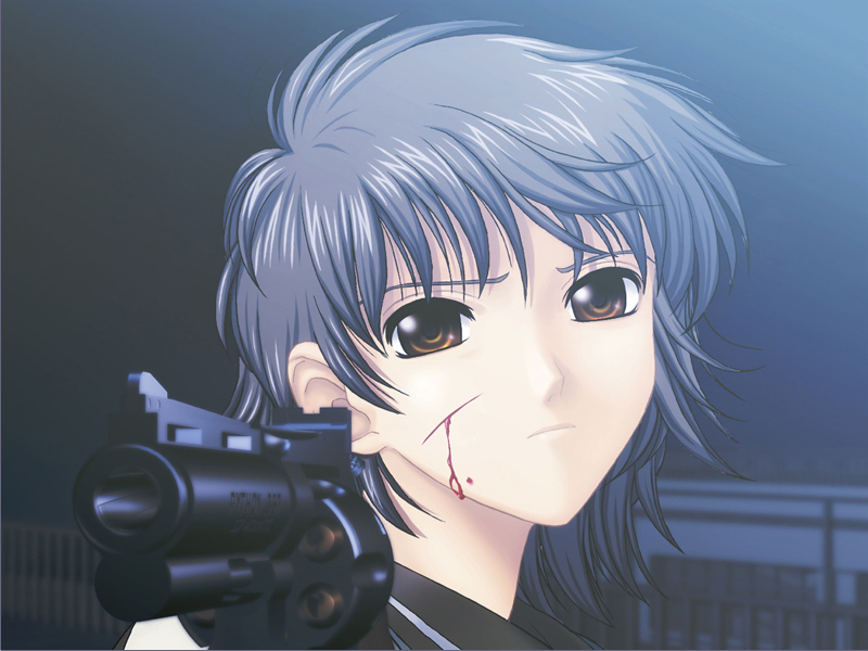 ein (phantom of inferno), phantom of inferno, game cg, tagme, 1girl, brown eyes, female focus, grey hair, gun, handgun, phatnom integration, revolver, solo, weapon