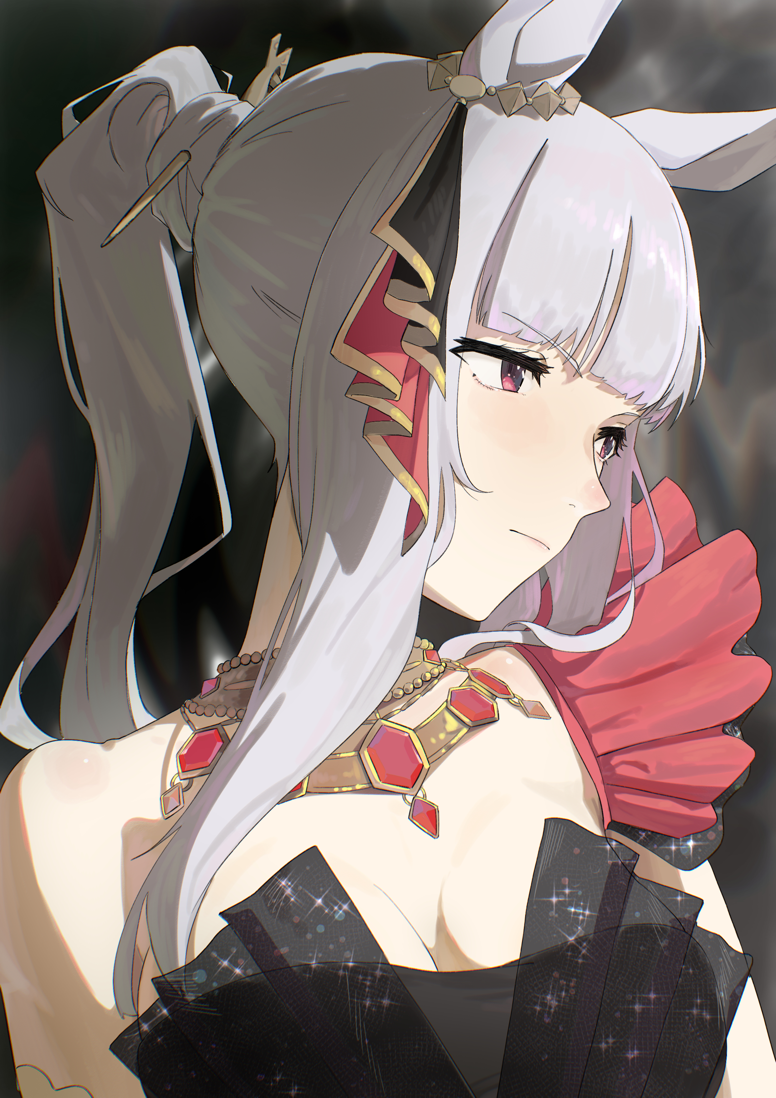 fuse gomame, gold ship (la mode 564) (umamusume), gold ship (umamusume), umamusume, absurdres, highres, 1girl, animal ears, asymmetrical dress, bare shoulders, black dress, blunt bangs, blunt tresses, blush, breasts, cleavage, closed mouth, dress, ear ornament, evening gown, grey hair, hair ornament, hair stick, horse ears, horse girl, jewelry, long hair, medium breasts, necklace, official alternate costume, official alternate hairstyle, ponytail, purple eyes, single bare shoulder, solo, upper body