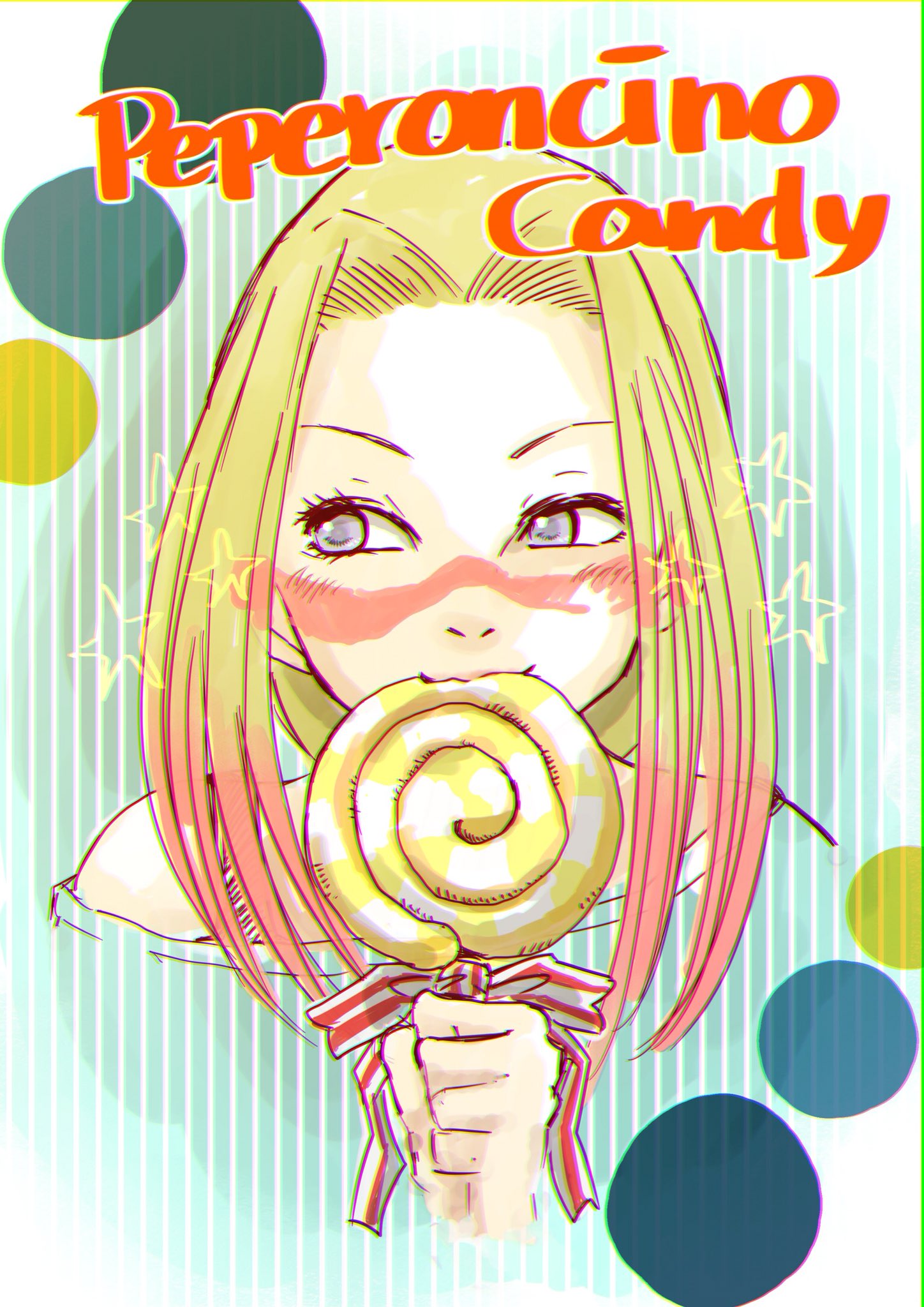 crescendeon, mina (pokemon), nintendo, pokemon, pokemon sm, highres, 1girl, blonde hair, candy, cropped shoulders, food, holding, holding candy, holding food, holding lollipop, lollipop, lollipop in mouth, looking to the side, paint splatter, paint splatter on face, solo, star (symbol), striped background, swirl lollipop, vertical-striped background