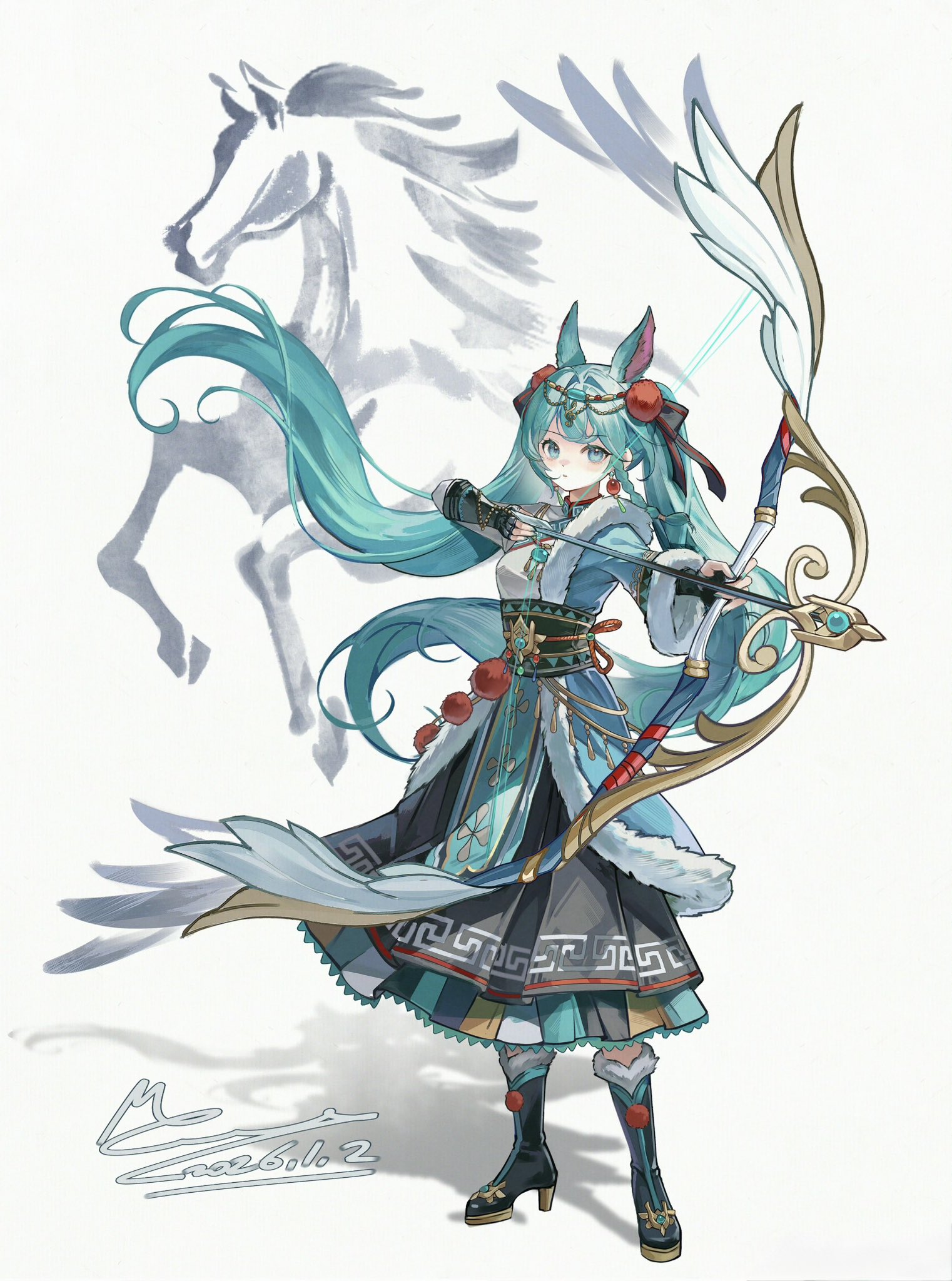 memory mie, hatsune miku, vocaloid, commentary request, highres, 1girl, alternate costume, animal ears, aqua eyes, aqua hair, arrow (projectile), black kimono, blue boots, blue coat, blue kimono, boots, bow (weapon), closed mouth, coat, drawing bow, fingerless gloves, fur-trimmed boots, fur trim, gloves, hair ornament, holding, holding arrow, holding bow (weapon), holding weapon, horse, horse ears, horse girl, horse tail, japanese clothes, kemonomimi mode, kimono, long hair, long sleeves, looking at viewer, obi, sash, solo, tail, twintails, very long hair, weapon