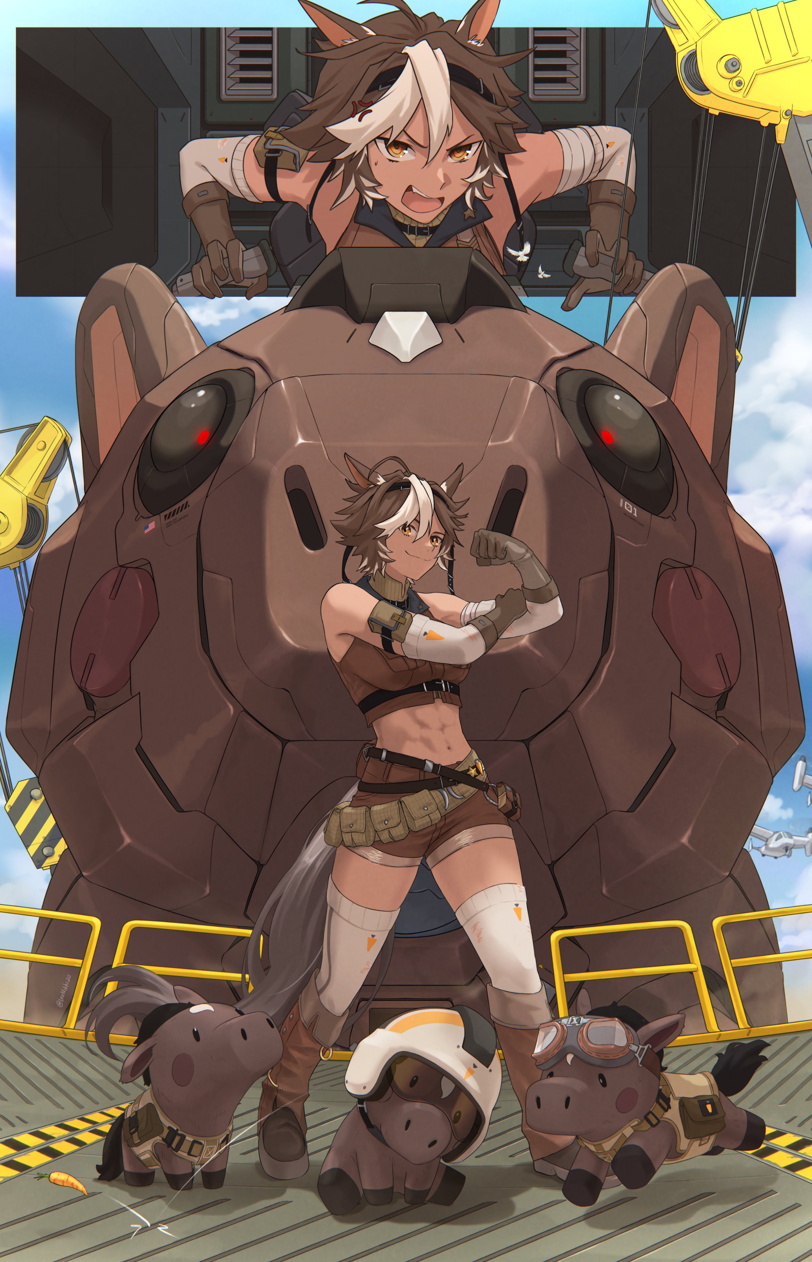 tomoe umari, tomoe umari (1st costume), umarmy (tomoe umari), indie virtual youtuber, absurdres, commentary, english commentary, highres, 1girl, abs, ahoge, animal ears, belt, blue sky, boots, brown belt, brown boots, brown eyes, brown fur, brown hair, brown shirt, brown shorts, brown tail, carrot, clenched hand, closed mouth, cloud, cloudy sky, full body, hair between eyes, helmet, horse ears, horse girl, horse tail, levnikki, mecha, navel, open mouth, outdoors, platform, robot, shirt, shorts, sky, standing, tail, teeth, thighhighs, upper teeth only, virtual youtuber, white thighhighs