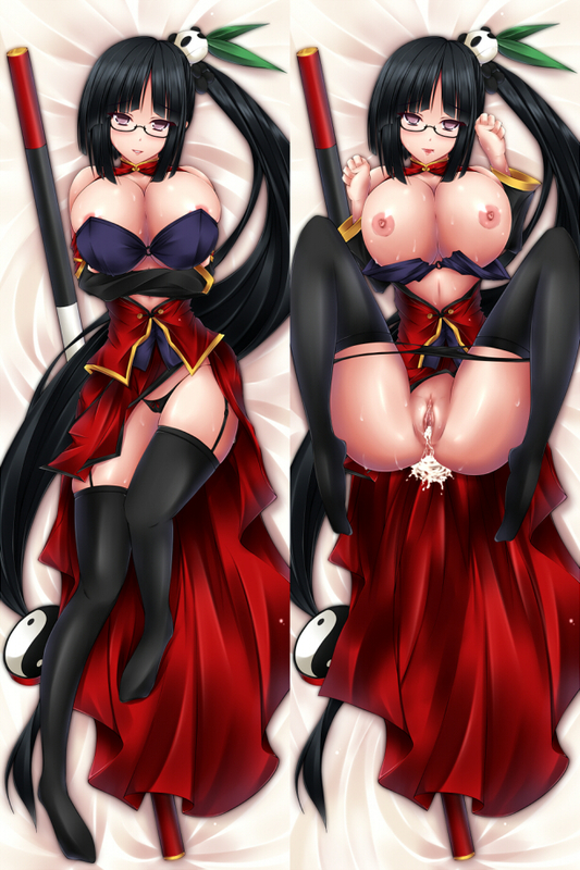 mikan (5555), lao jiu, litchi faye ling, arc system works, blazblue, blazblue: calamity trigger, bad id, bad pixiv id, 1girl, aftersex, black hair, breasts, china dress, chinese clothes, cleavage cutout, clothing cutout, cum, cum in pussy, dakimakura (medium), dress, garter belt, garter straps, glasses, hair ornament, huge breasts, legs, long hair, multiple views, nipples, ponytail, purple eyes, pussy, side ponytail, spread legs, thighhighs, thighs, uncensored, very long hair