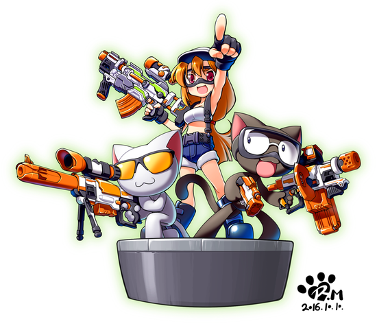 roadmaxter, nerf, bad id, commentary request, korean commentary, 1girl, 2016, bare arms, bipod, black-framed eyewear, black cat, black eyes, black fur, black gloves, black tail, blue boots, blue shorts, boots, border, breasts, buckle, cat, closed mouth, dated, denim, denim shorts, faux figurine, fewer digits, fingerless gloves, full body, glasses, gloves, goggles, green border, gun, hair between eyes, hat, kneeling, legs apart, long hair, looking at another, low-tied long hair, medium breasts, midriff, nerf gun, orange hair, pointing, ponytail, red eyes, rifle, rimless eyewear, round eyewear, scope, shorts, signature, simple background, smile, snap-fit buckle, sniper rifle, standing, strapless, sunglasses, tinted eyewear, tongue, tube top, weapon, white background, white cat, white fur, white hat, white tube top, yellow-tinted eyewear