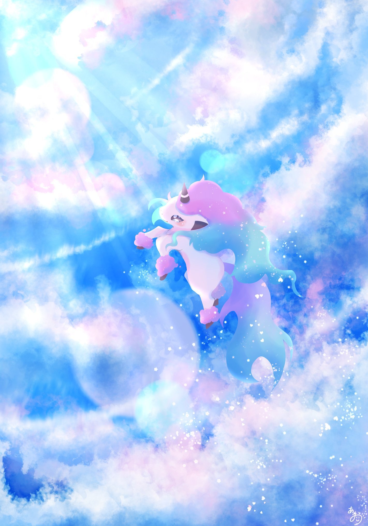 natu a0z0ra, galarian ponyta, nintendo, pokemon, highres, animal focus, galarian form, gen 8 pokemon, horns, horse, no humans, pokemon (creature), pokemon focus, single horn, sky, solo, tail, unicorn