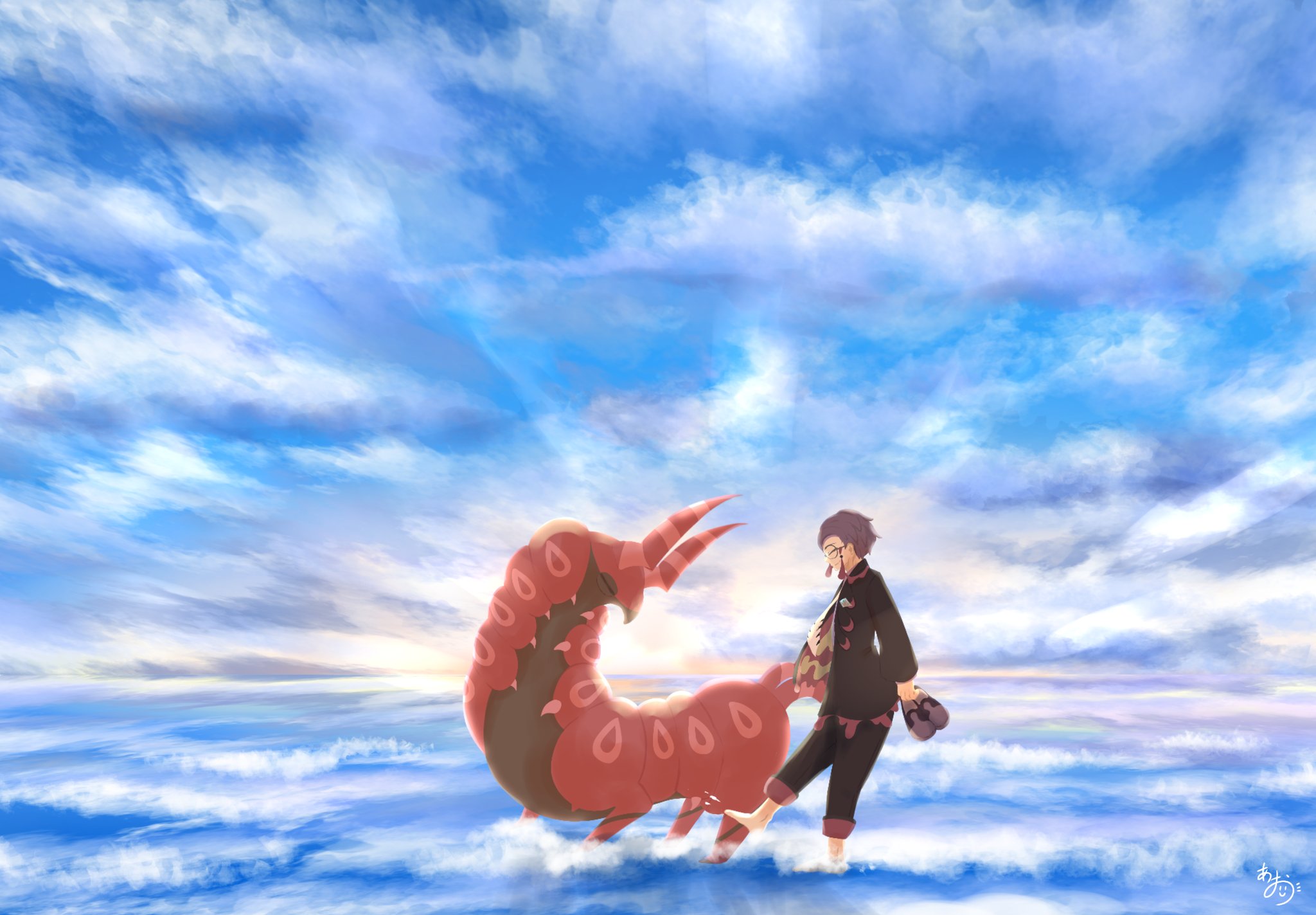 natu a0z0ra, corbeau (pokemon), scolipede, nintendo, pokemon, pokemon legends: z-a, highres, 1boy, black-framed eyewear, black hair, black jacket, black pants, blue sky, bug, closed eyes, closed mouth, cloud, collared shirt, eyewear strap, gen 5 pokemon, glasses, holding, holding shoes, holding unworn clothes, horns, jacket, long sleeves, necktie, open clothes, open jacket, outdoors, pants, parted hair, pokemon (creature), purple hair, round eyewear, shirt, shoes, short hair, sky, smile, unworn shoes, water, white necktie