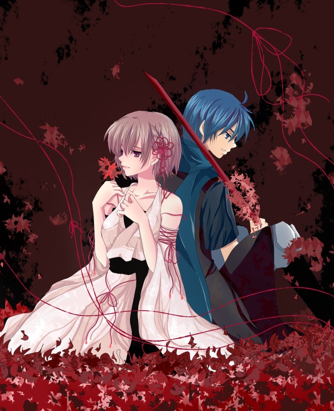 mokorei, kaito (vocaloid), meiko (vocaloid), tsugai kogarashi (vocaloid), vocaloid, back-to-back, blue eyes, blue hair, brown eyes, brown hair, detached sleeves, hair ribbon, japanese clothes, katana, kimono, leaf, maple leaf, ribbon, scarf, short hair, smile, sword, weapon