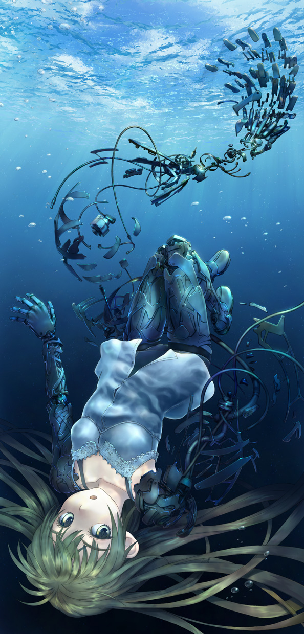 aratagawa nikei, original, highres, 1girl, android, female focus, green eyes, long hair, mecha musume, mechabare, shirt, solo, underwater, wet, wet clothes