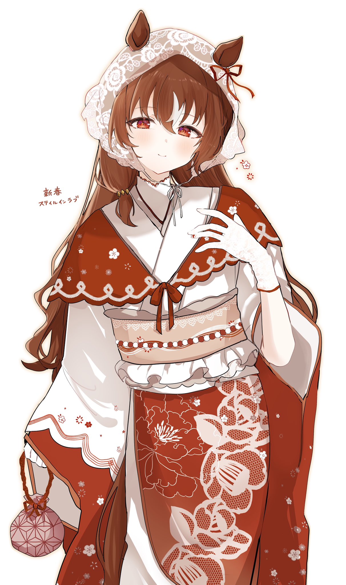 pof (peuplierpof), still in love (umamusume), umamusume, highres, 1girl, animal ears, blush, bow, breasts, brown hair, closed mouth, ear ribbon, ears through headwear, hair between eyes, horse ears, horse girl, japanese clothes, kimono, long sleeves, looking at viewer, obi, red eyes, red kimono, ribbon, sash, simple background, smile, solo, veil, white background, white kimono, white streaks, white veil