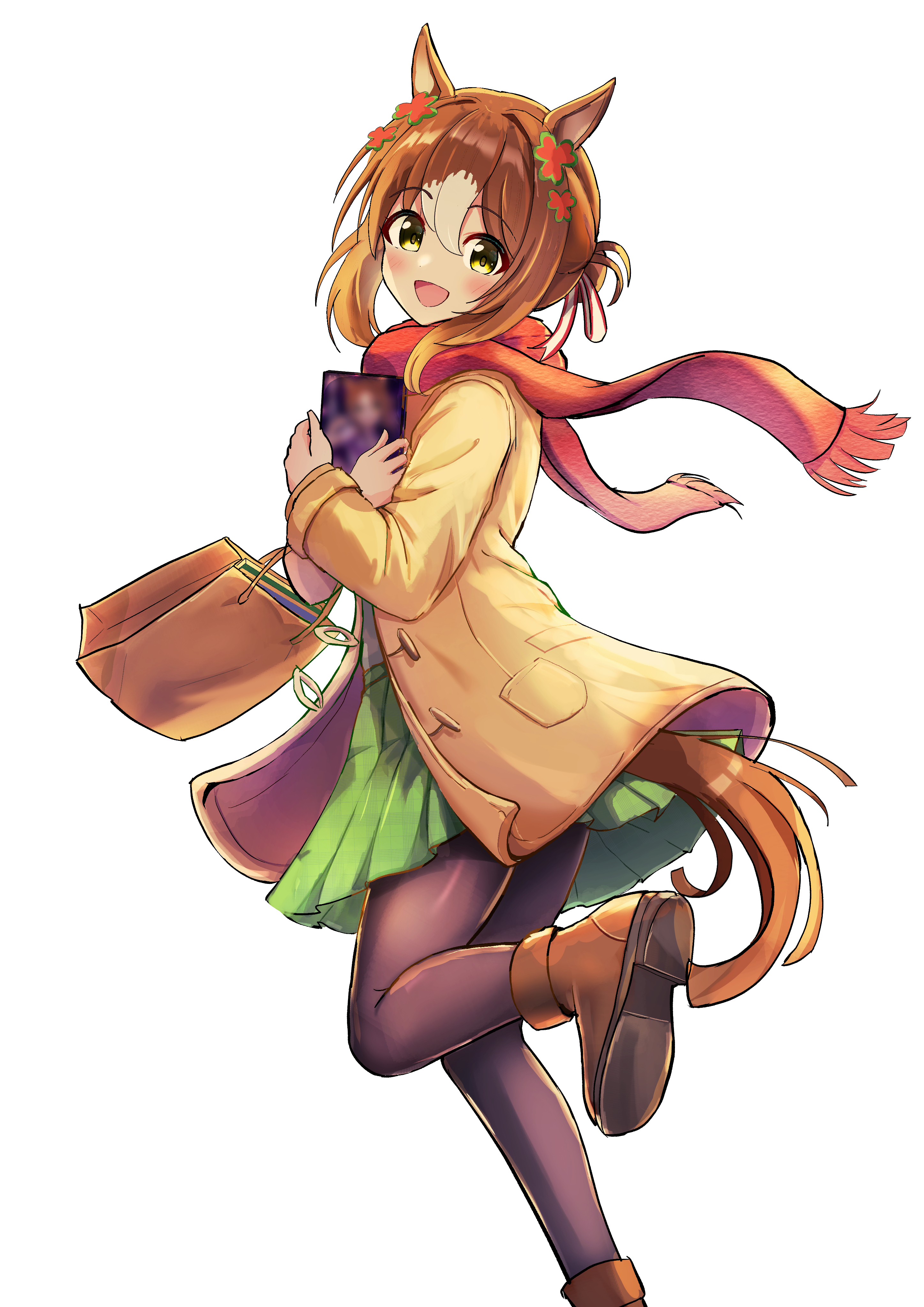 ikaashi you, fine motion (umamusume), umamusume, absurdres, highres, 1girl, animal ears, bag, black pantyhose, blush, boots, brown boots, brown coat, brown hair, clover hair ornament, coat, green eyes, green skirt, hair between eyes, hair bun, hair ornament, holding, horse ears, horse girl, horse tail, long sleeves, looking at viewer, multicolored hair, open mouth, pantyhose, red scarf, scarf, shirt, shopping bag, simple background, skirt, smile, solo, tail, white background, white hair