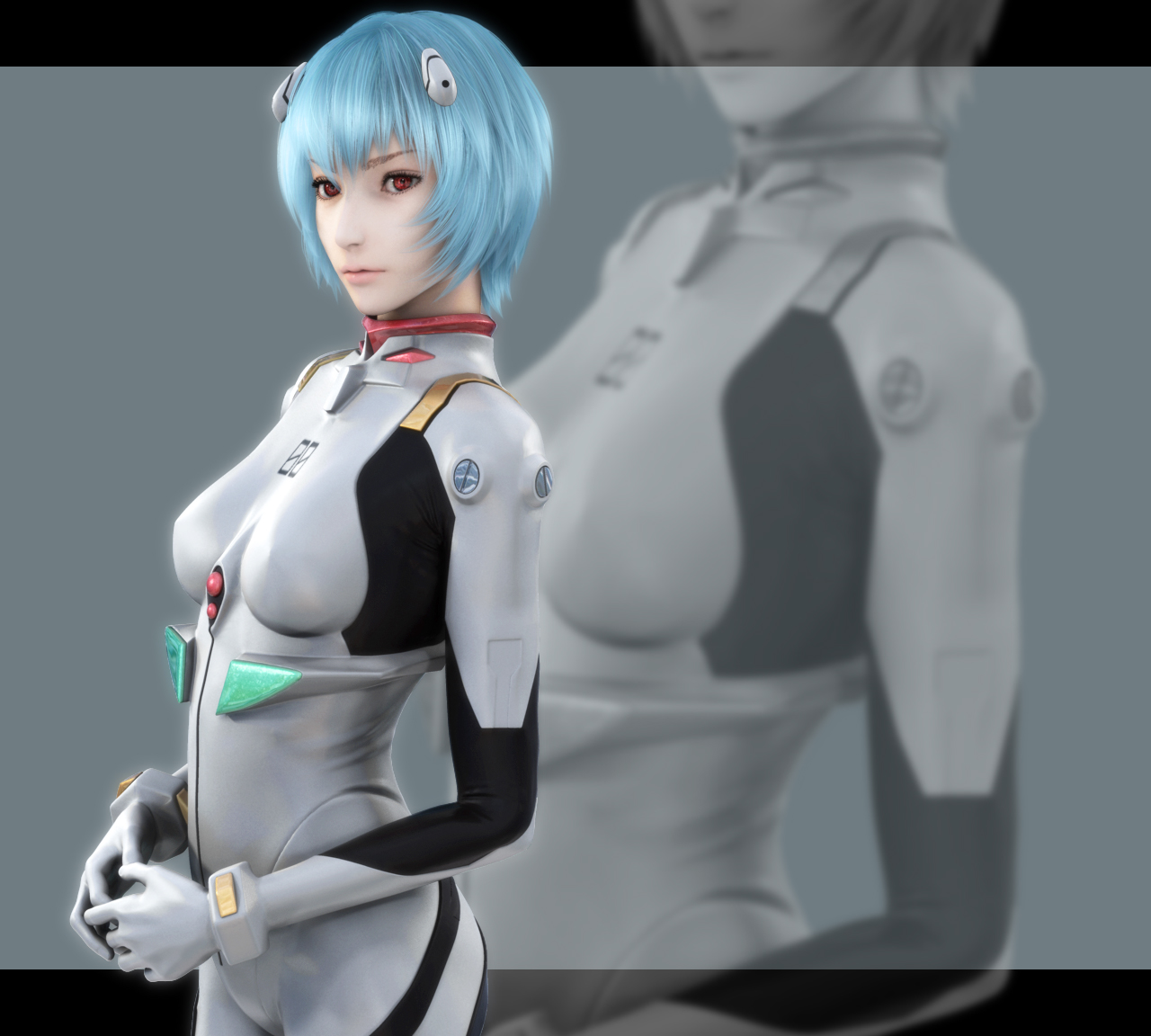 ikedan, ayanami rei, neon genesis evangelion, md5 mismatch, 1girl, 3d, blue hair, female focus, mecha pilot suit, plugsuit (evangelion), realistic, red eyes, short hair, solo, zoom layer