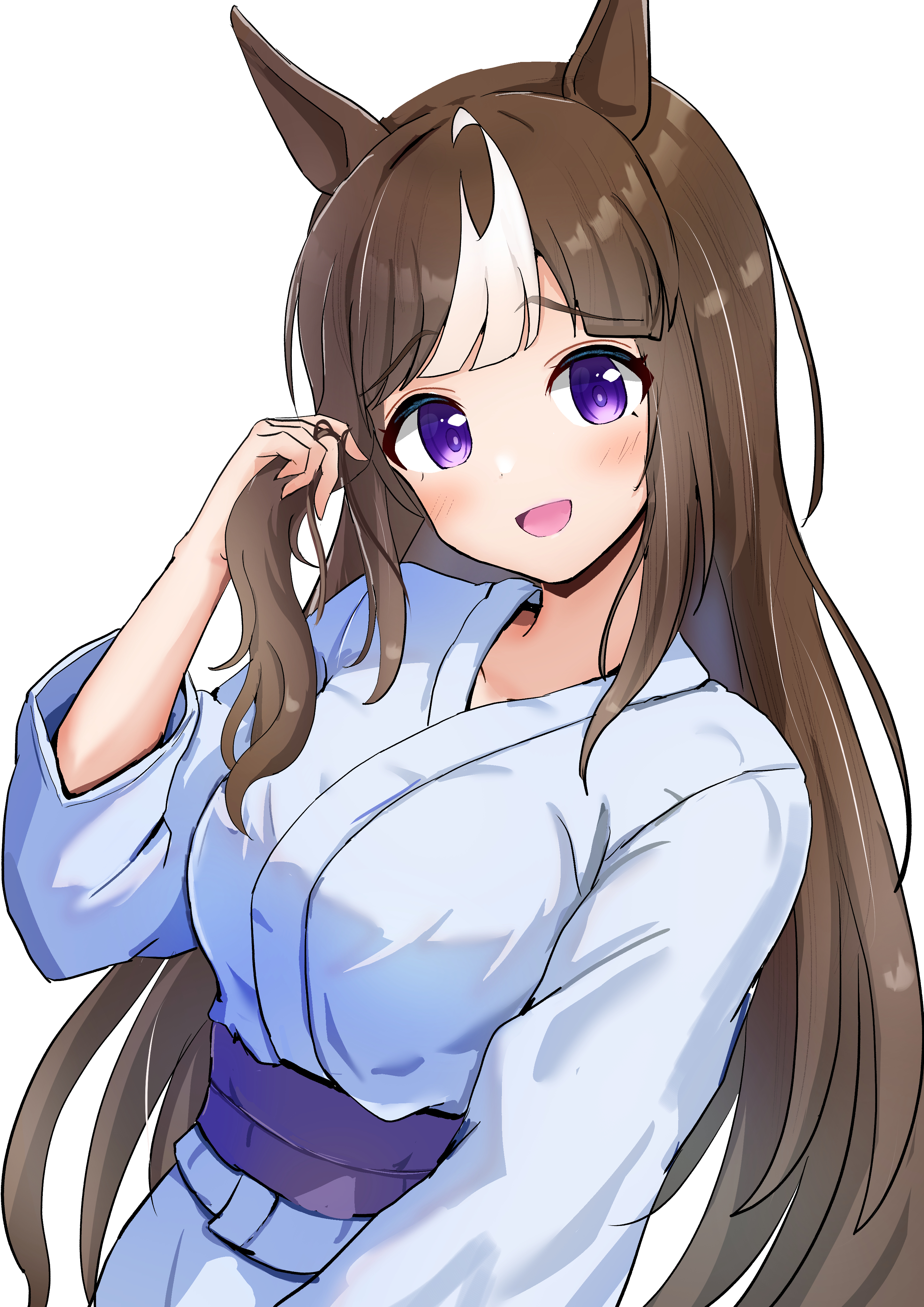 ikaashi you, hokko tarumae (umamusume), umamusume, absurdres, highres, 1girl, animal ears, blush, breasts, brown hair, grey kimono, horse ears, horse girl, japanese clothes, kimono, long hair, long sleeves, looking at viewer, medium breasts, multicolored hair, open mouth, purple eyes, simple background, smile, solo, white background