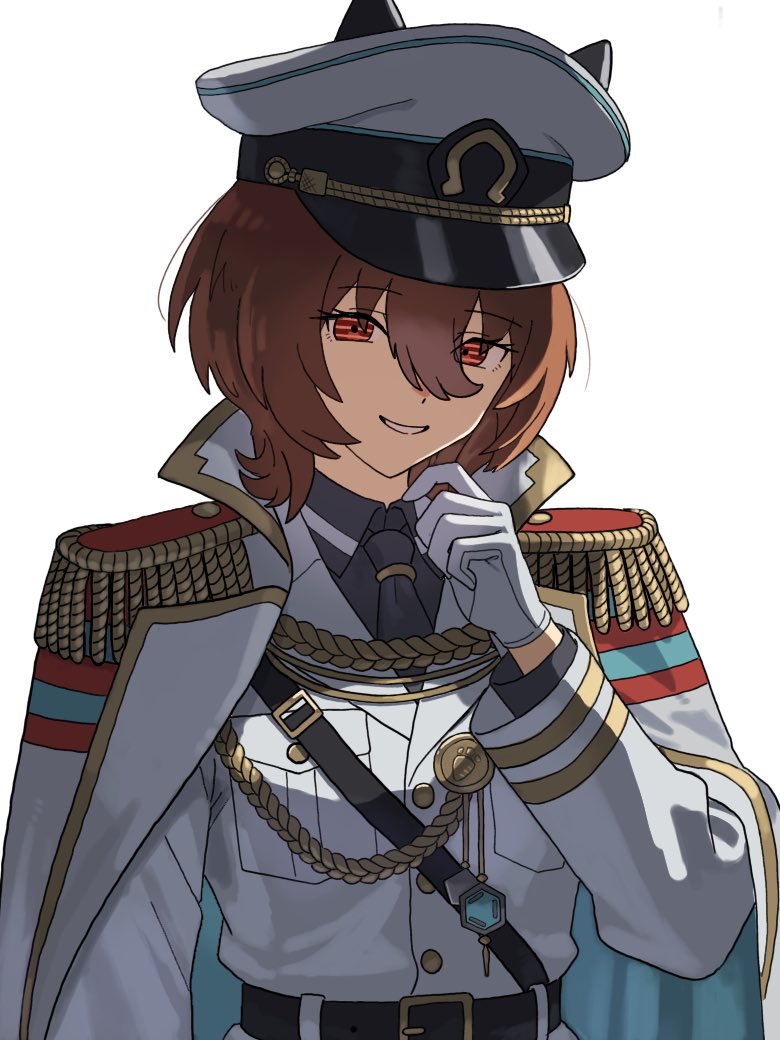 okimoto, agnes tachyon (umamusume), umamusume, 1girl, aiguillette, animal ears, black necktie, black shirt, brown hair, cape, chemical structure, collared shirt, ear covers, ears through headwear, epaulettes, gloves, hair between eyes, hat, horse ears, horse girl, horseshoe, jacket, long sleeves, looking at viewer, medium hair, military hat, military uniform, necktie, parted lips, peaked cap, red eyes, shirt, simple background, smile, solo, upper body, white background, white gloves, white jacket