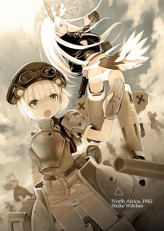 hashigoya, ueda hashigo, cecilia glinda miles, hanna-justina marseille, strike witches, witches of africa, world witches series, uniform, 00s, 2girls, animal ears, armor, ass, beret, blonde hair, flying, gloves, goggles, goggles on head, hat, head wings, headphones, long hair, lowleg, lowleg panties, mecha musume, multiple girls, open mouth, panties, raccoon girl, short hair, striker unit, tail, underwear, white hair, wings