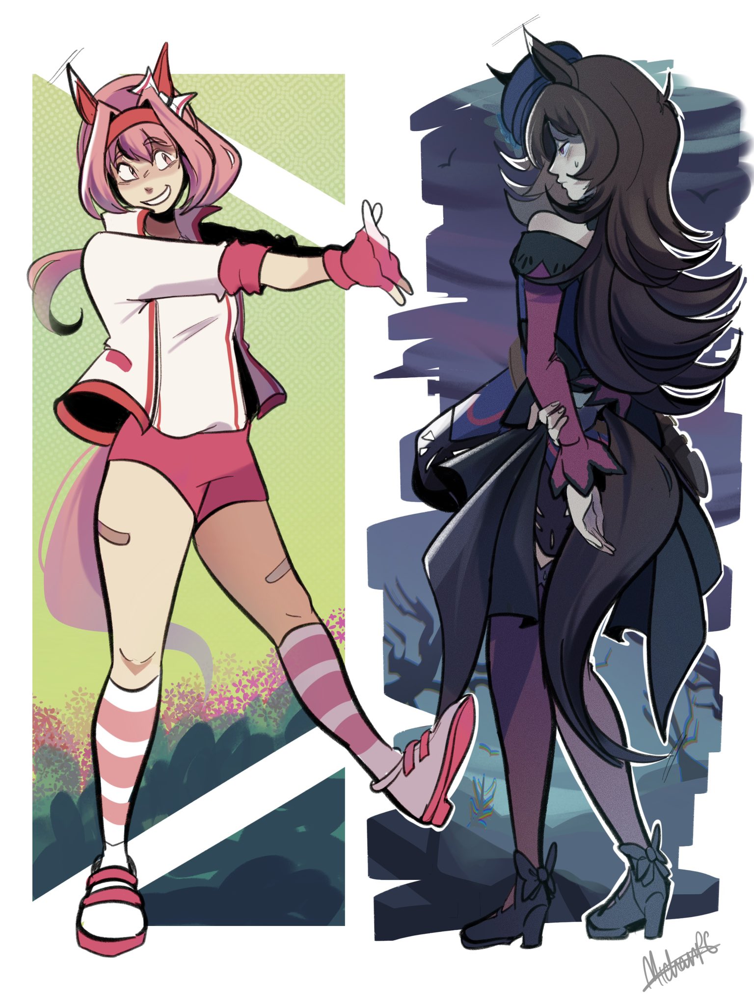 michanpc, haru urara (bestest prize) (umamusume), haru urara (umamusume), rice shower (rosy dreams) (umamusume), rice shower (umamusume), umamusume, highres, 2girls, animal ears, arms behind back, bandaid, bandaid on leg, bare shoulders, black thighhighs, blue dress, bow, brown hair, buruma, closed mouth, dress, ear bow, ear covers, fingerless gloves, gloves, hair over one eye, hat, headband, horse ears, horse girl, horse tail, interlocked fingers, jacket, long hair, long sleeves, looking at another, multiple girls, off-shoulder dress, off shoulder, open mouth, outdoors, pink buruma, pink eyes, pink hair, pink headband, ponytail, purple eyes, red buruma, red gloves, red headband, shirt, shoes, smile, socks, stretching, striped clothes, striped socks, sweatdrop, tail, thighhighs, tilted headwear, white jacket, white shirt, white thighhighs