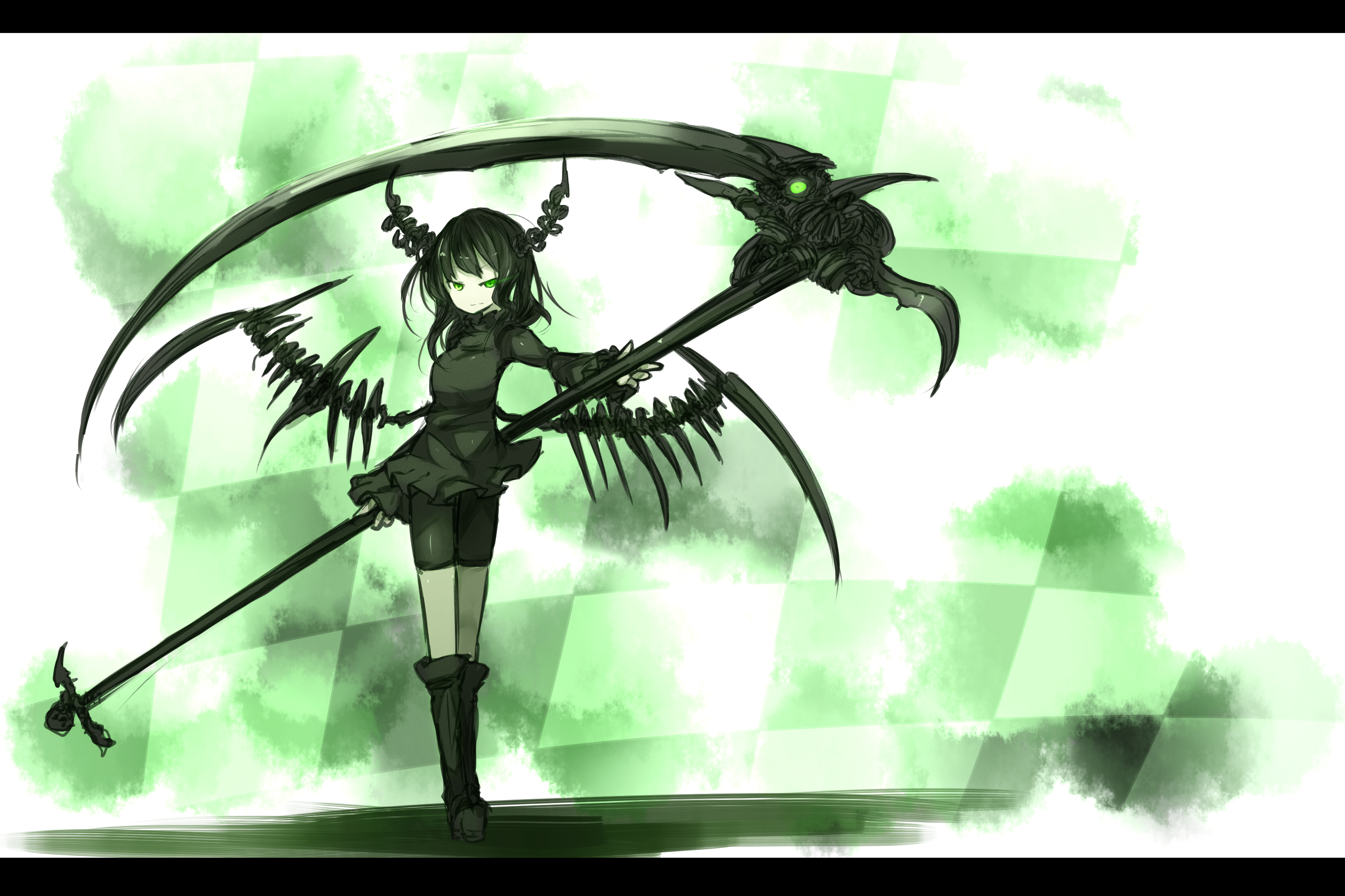 ganesagi, dead master, black rock shooter, absurdres, bad id, bad pixiv id, highres, 10s, 1girl, black dress, black hair, dress, female focus, green theme, horns, letterboxed, monochrome, scythe, solo, weapon