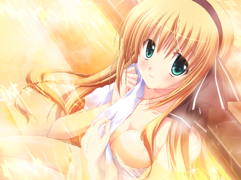 choco chip, touhouin shizuka, prima stella, game cg, 1girl, bare arms, bare legs, bare shoulders, black hairband, blonde hair, blush, breasts, green eyes, hairband, long hair, looking at viewer, medium breasts, naked towel, onsen, partially submerged, solo, towel, water