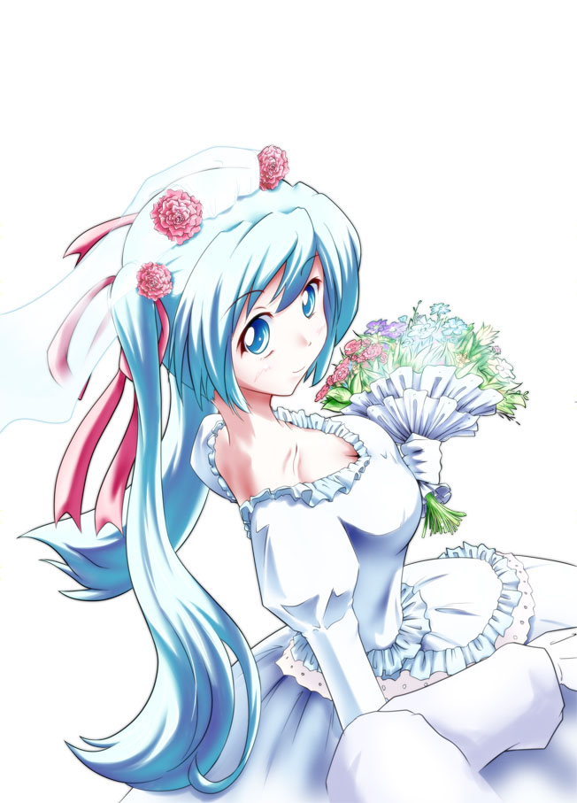 tatami (artist), tatami (loop), tatami (pixiv335258), hatsune miku, vocaloid, bad id, bad pixiv id, 1girl, blue eyes, blue hair, bouquet, breasts, bridal veil, bride, cleavage, dress, female focus, flower, from side, hair flower, hair ornament, long hair, looking back, matching hair/eyes, smile, solo, twintails, veil, wedding dress