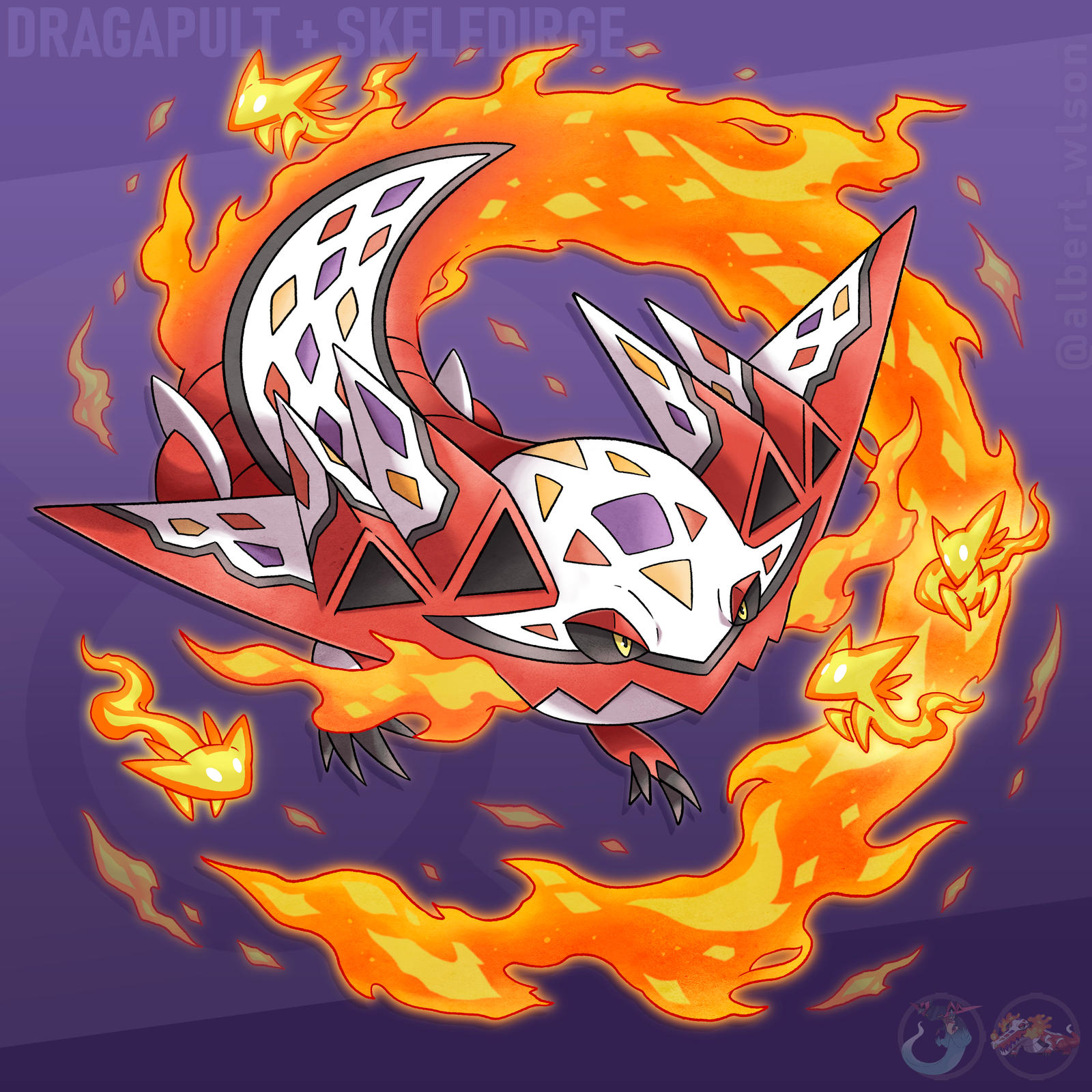 albrt-wlson, dreepy, skeledirge, nintendo, pokemon, commentary, english commentary, highres, making-of available, black sclera, character name, claws, closed mouth, colored sclera, fire, full body, fusion, gen 8 pokemon, instagram username, no humans, official art inset, pokemon (creature), pokemon focus, reference inset, yellow eyes