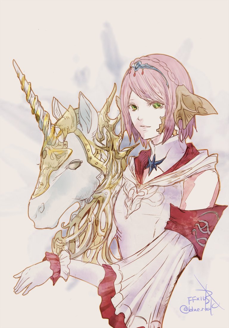 ruka (blueplus84), warrior of light (ff14), white mage (final fantasy), final fantasy, final fantasy xiv, commentary, 1girl, au ra, braid, closed mouth, copyright name, crown braid, detached sleeves, gloves, green eyes, horns, pink hair, scales, short hair, silver tiara, tiara, twitter username, unicorn, white gloves, white sleeves
