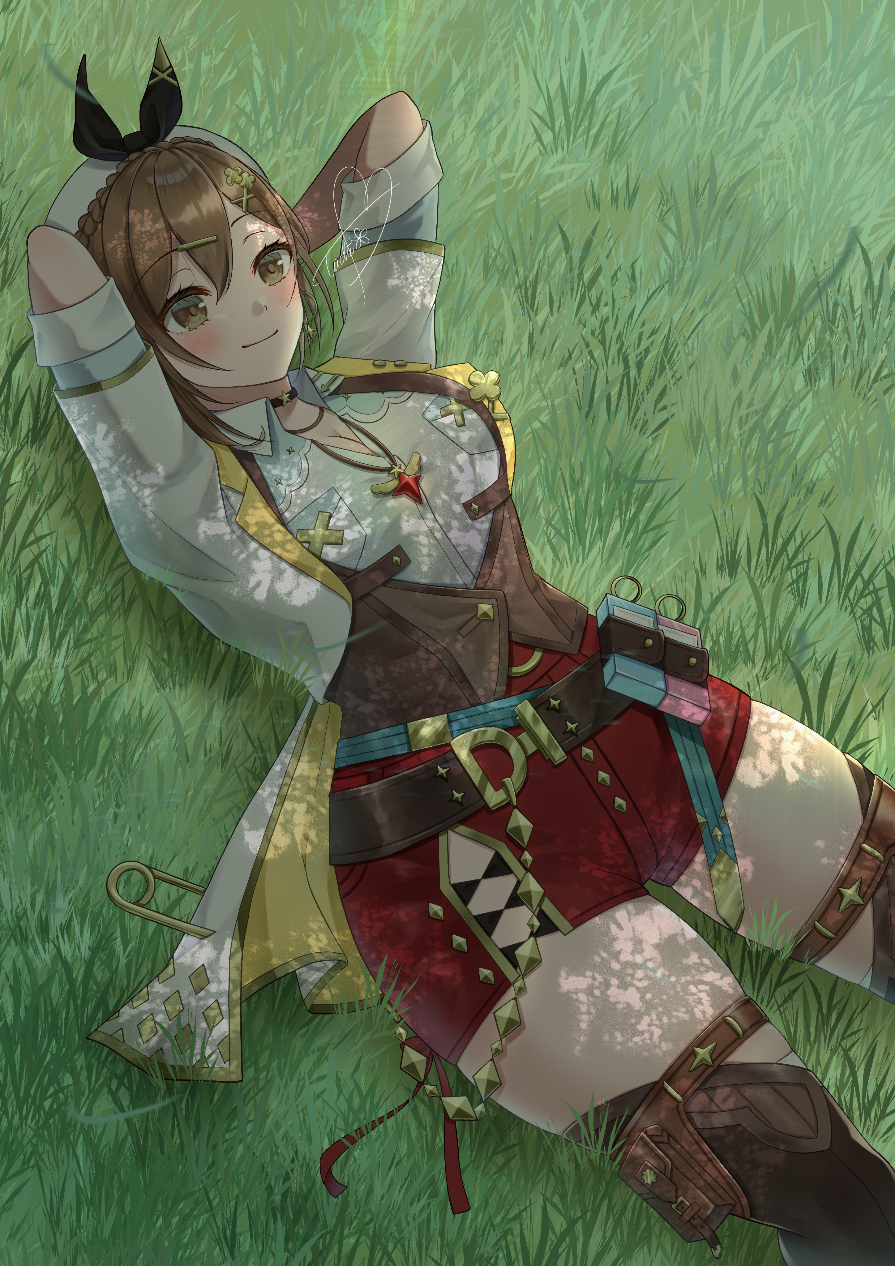 reisalin stout, atelier (series), atelier ryza, atelier ryza 3, absurdres, highres, 1girl, arms behind head, beret, boots, bracelet, braid, breasts, brown eyes, brown gloves, brown hair, brown vest, choker, clover hair ornament, crown braid, earrings, floating earrings, gloves, hair ornament, hat, jewelry, large breasts, leather, leather belt, leather gloves, lying, multiple bracelets, multiple necklaces, necklace, on back, on grass, red shorts, short hair, shorts, single glove, smile, solo, star (symbol), star choker, star earrings, star necklace, tachibana senap, thigh boots, thighhighs, thighs, vest, white hat, x hair ornament