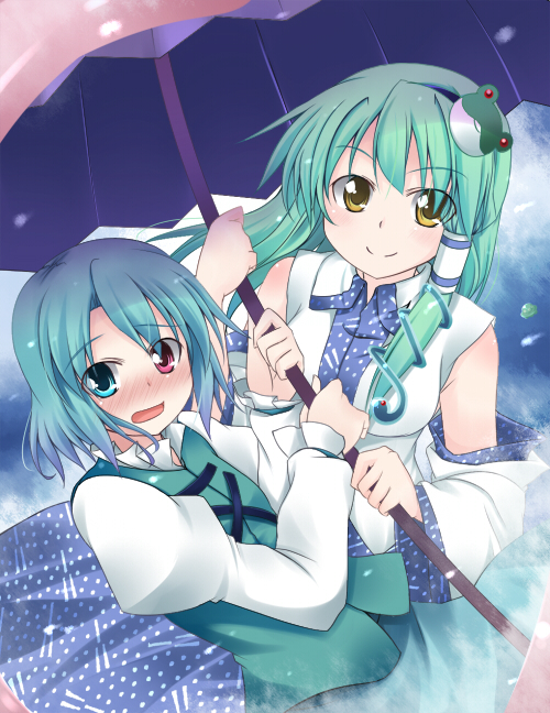 makino (ukiuo), kochiya sanae, tatara kogasa, touhou, 2girls, blue eyes, blue hair, blush, detached sleeves, female focus, frog, green hair, hair ornament, heterochromia, holding, holding umbrella, japanese clothes, long hair, multiple girls, red eyes, short hair, snake, umbrella, yellow eyes