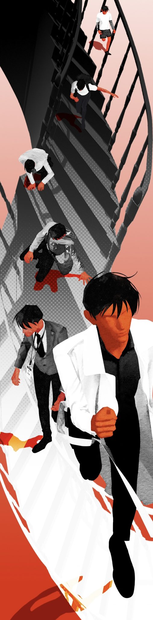 tix 0314, kim dokja, oldest dream, omniscient reader's viewpoint, highres, long image, tall image, 1boy, backpack, bag, black hair, black necktie, black shirt, coat, collared shirt, faceless, full body, id card, male focus, multiple views, necktie, open clothes, open coat, outstretched arm, progression, railing, running, shirt, short hair, stairs, walking, white coat, white shirt
