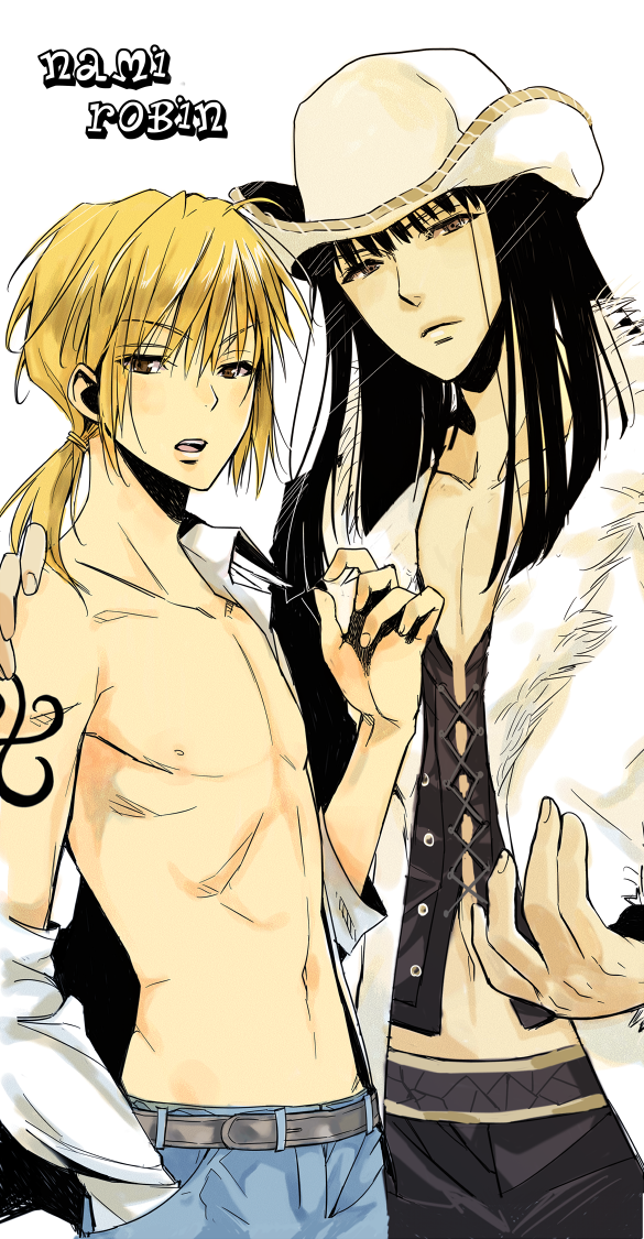 platinumcorundum, nami (one piece), nico robin, nico robin (alabasta), one piece, bad id, bad pixiv id, 2boys, alabasta, black hair, blonde hair, blunt bangs, character name, corset, cowboy hat, fur collar, fur trim, genderswap, genderswap (ftm), hat, long hair, male focus, multiple boys, short hair, tattoo, topless male, white background