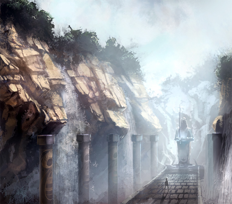 ddal, original, bad id, bad pixiv id, tagme, scenery, solo, statue, water, waterfall