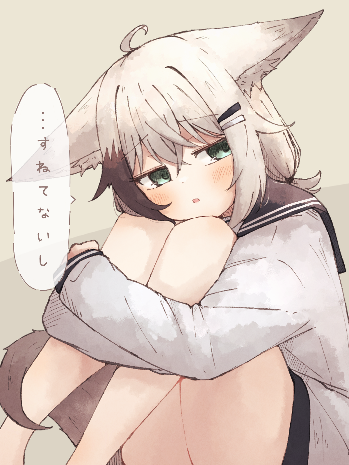 meguru 1225, kuon (meguru 1225), original, commentary request, highres, translation request, 1girl, animal ears, black hair, black sailor collar, green eyes, hair ornament, hairclip, hugging own legs, long sleeves, looking at viewer, multicolored hair, open mouth, parallel hairclips, sailor collar, sailor shirt, shirt, sitting, solo, speech bubble, tail, two-tone hair, white hair, white shirt