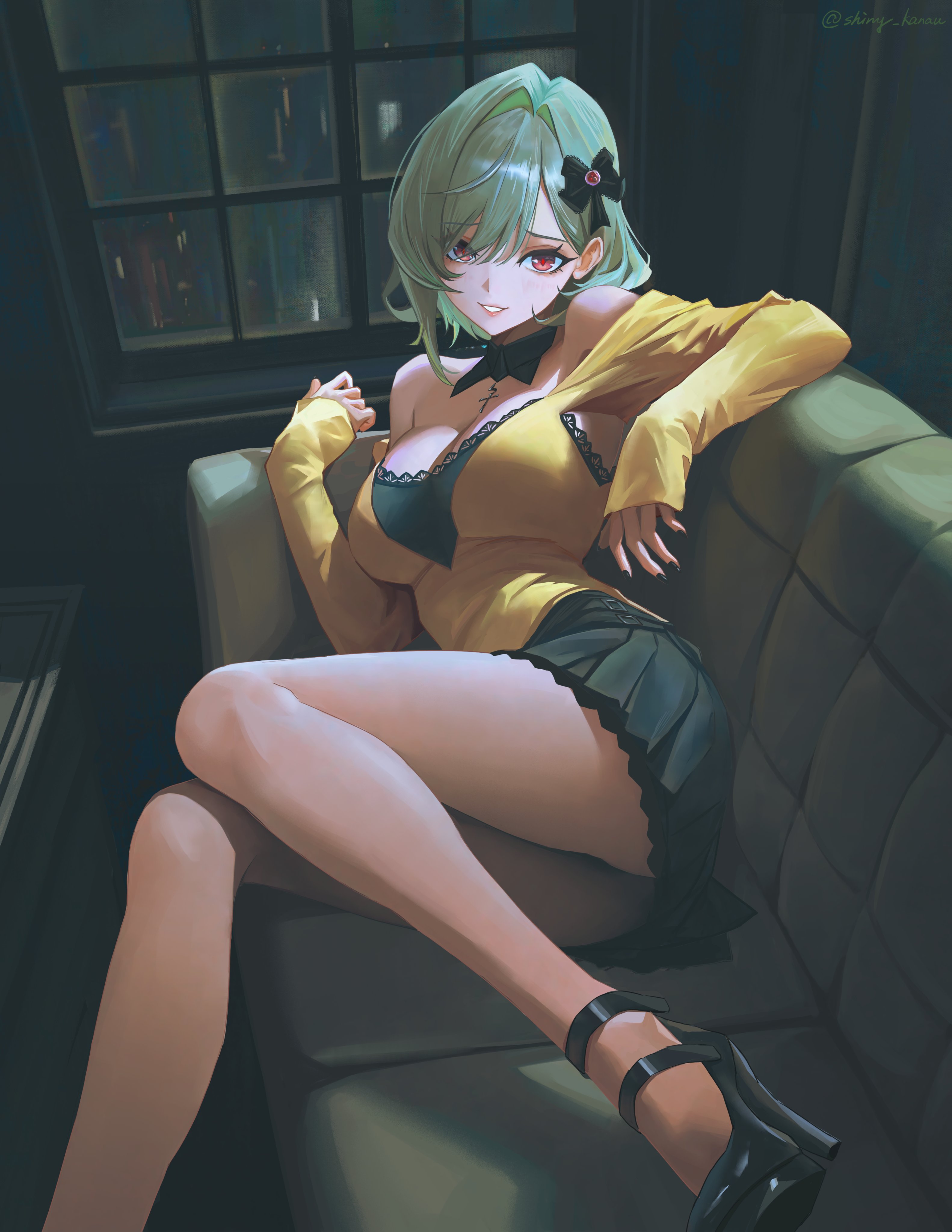 qingli ye, original, absurdres, highres, 1girl, black nails, bow, breasts, cleavage, couch, green hair, hair bow, hair ornament, high heels, looking at viewer, lying, medium breasts, medium hair, off shoulder, on side, pleated skirt, red eyes, skirt, solo, strappy heels