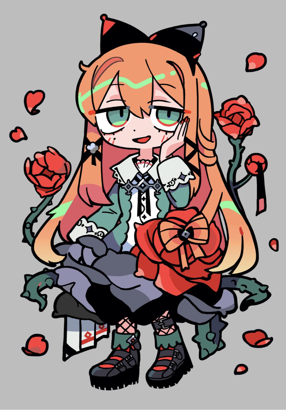 terada tera, character request, highres, official art, 1girl, belt, black belt, black bow, black shoes, bow, dress, fishnets, flower, frilled dress, frills, full body, green dress, green eyes, grey background, hair between eyes, hair bow, hand on own cheek, hand on own face, jitome, long hair, looking at viewer, mole, mole under eye, open mouth, orange hair, petals, piggparty, plant, red flower, shoes, simple background, smile, solo, vines