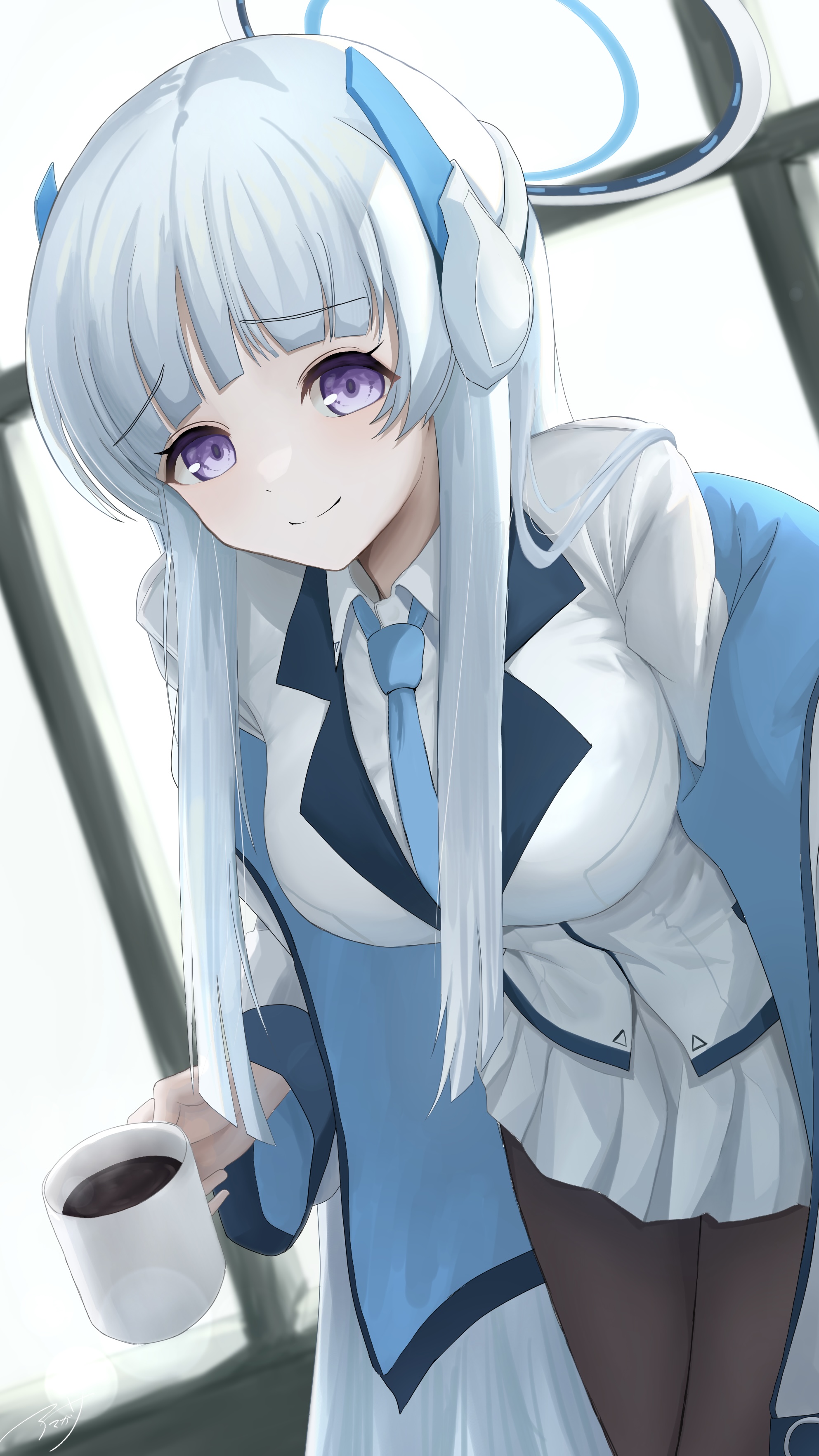 amagasa higashi, noa (blue archive), blue archive, absurdres, commentary request, highres, 1girl, blue necktie, closed mouth, coffee, collared shirt, cup, formal clothes, halo, headphones, holding, holding cup, index finger raised, indoors, jacket, long hair, long sleeves, looking at viewer, mechanical halo, necktie, off shoulder, open clothes, open jacket, pantyhose, purple eyes, school uniform, shirt, sidelocks, skirt, smile, solo, suit, two-sided fabric, two-sided jacket, upper body, very long hair, white hair, white halo, white jacket, white shirt, white skirt, white suit