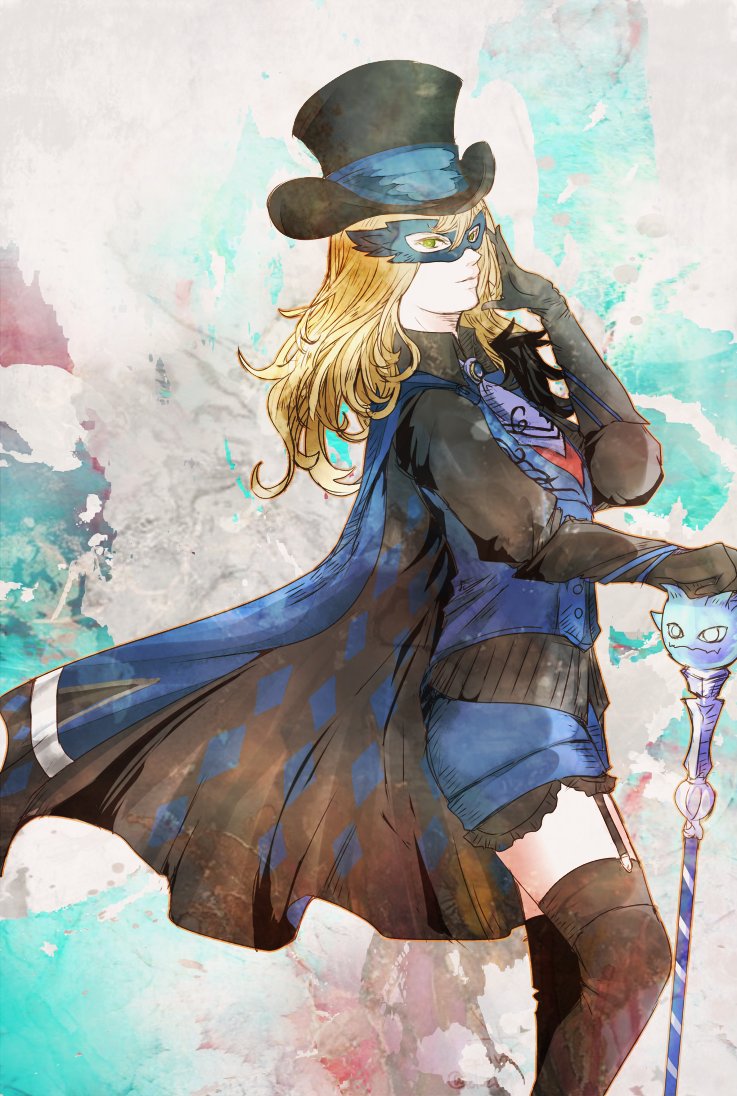 ruka (blueplus84), blue mage (final fantasy), warrior of light (ff14), final fantasy, final fantasy xiv, commentary, 1girl, black gloves, black hat, black thighhighs, blonde hair, blue necktie, blue shorts, blue vest, cane, cape, domino mask, eye mask, garter straps, gloves, green eyes, hand up, hat, hyur, long hair, mask, necktie, shorts, solo, thighhighs, top hat, two-sided cape, two-sided fabric, vest